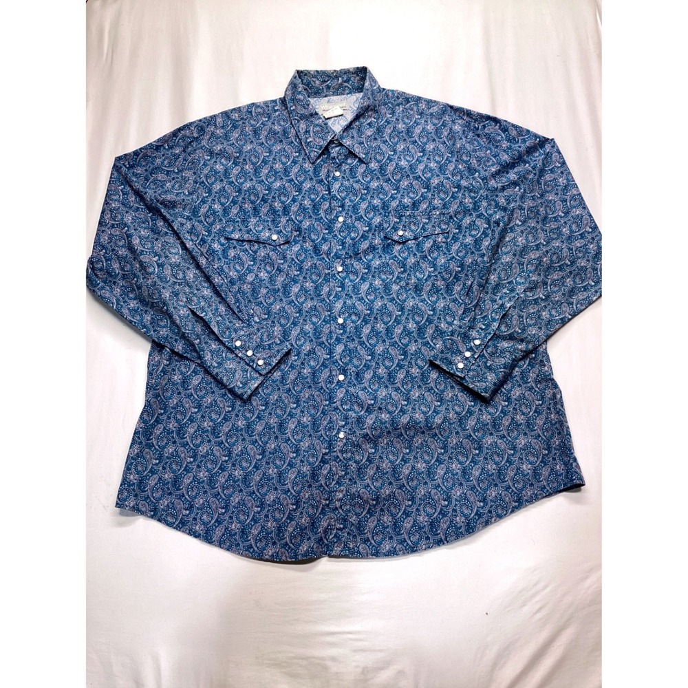 Wrangler Wrancher Mens 2XL Blue Paisley Western Snap Long Sleeve Shirt MTW1268